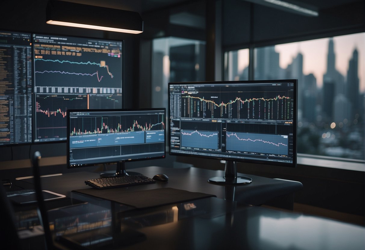 A computer screen displays Solana trading bot reviews on various forums, with charts and graphs showing trading activity in the background